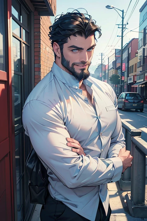 a handsome 35 year old man, 3 day beard, dark hair, sharp jawline, (mesmerizing blue eyes), perfectly styled hair, wearing cool anime outfitt, dynamic lighting, (CEO), (expression, smile in love), (best quality,4k,8k,highres,masterpiece:1.2),ultra-detailed,(realistic,photorealistic,photo-realistic:1.37)