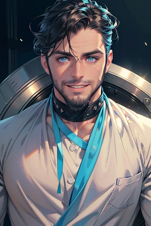 a handsome 35 year old man, 3 day beard, dark hair, sharp jawline, (mesmerizing blue eyes), perfectly styled hair, wearing cool anime outfitt, dynamic lighting, (CEO), (expression, smile in love), (best quality,4k,8k,highres,masterpiece:1.2),ultra-detailed,(realistic,photorealistic,photo-realistic:1.37)
