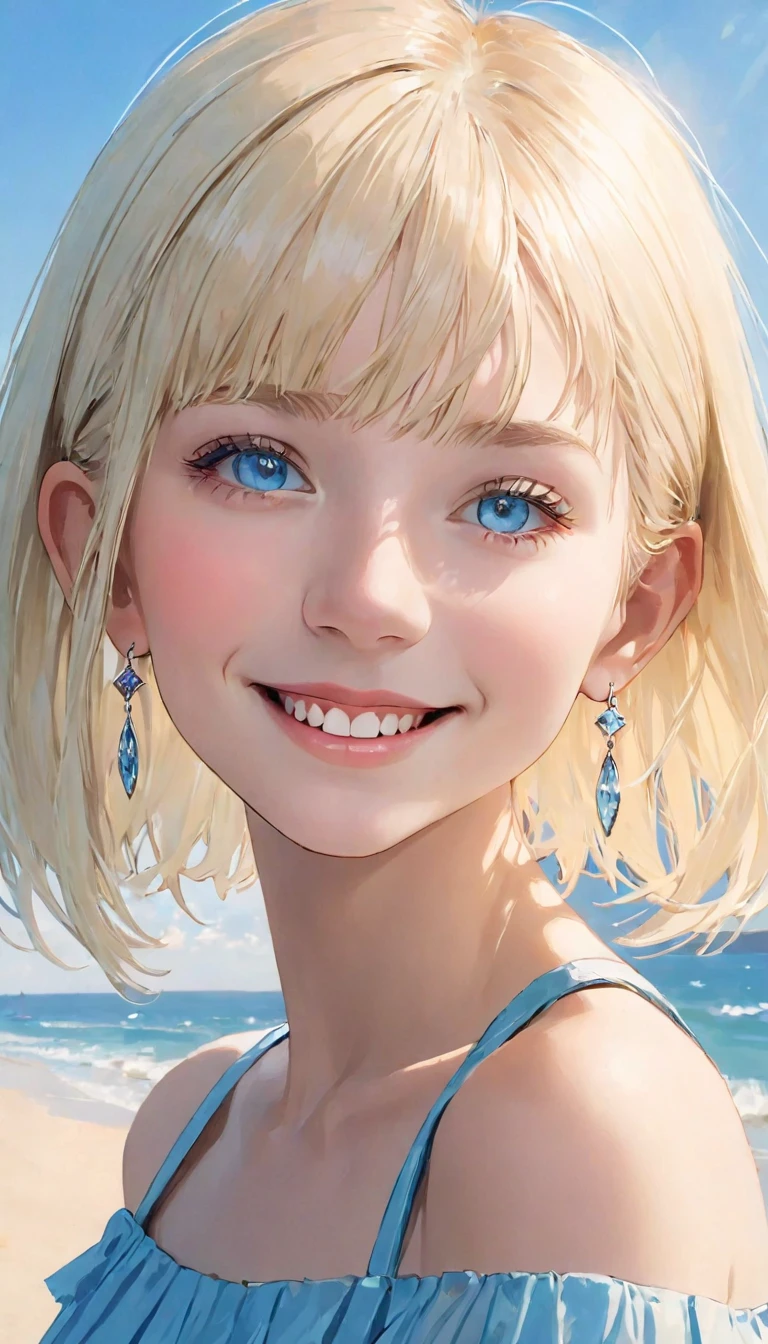 Detailed face, Cute face, masterpiece , Highest quality , woman , , bangs , smile , Outdoor, Shiny, Platinum Blonde, Silky, Super Short Hair, Side Lock, beautiful shiny bangs, Big, clear, sky-blue eyes, A very beautiful light eye highlighter, Earrings