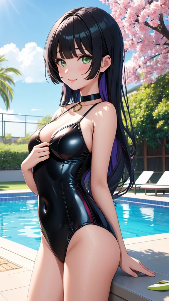 best quality, 1girl, masterpiece ultra detailed, illustration, pa san, glossy lips, pool, standing, (swimsuit), light smile, green eyes, long hair, black choker, hime cut