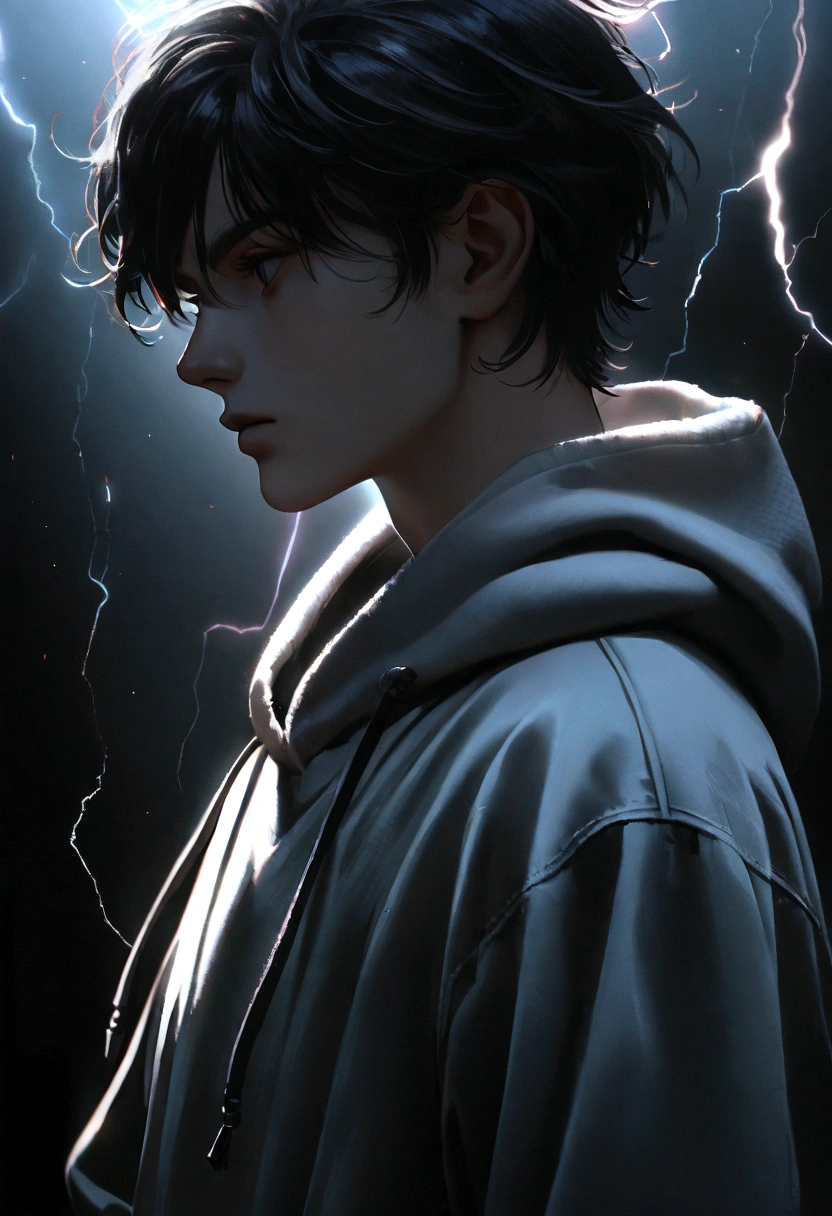 A young man with long black hair wearing a black and white hoodie, electricity arcing across his body,, 1boy, intricate details, highly detailed, cinematic lighting, dramatic,, award winning photography, chiaroscuro, moody, dark, atmospheric, dramatic lighting