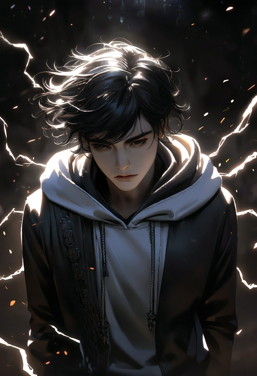 A young man with long black hair wearing a black and white hoodie, electricity arcing across his body,, 1boy, intricate details, highly detailed, cinematic lighting, dramatic,, award winning photography, chiaroscuro, moody, dark, atmospheric, dramatic lighting
