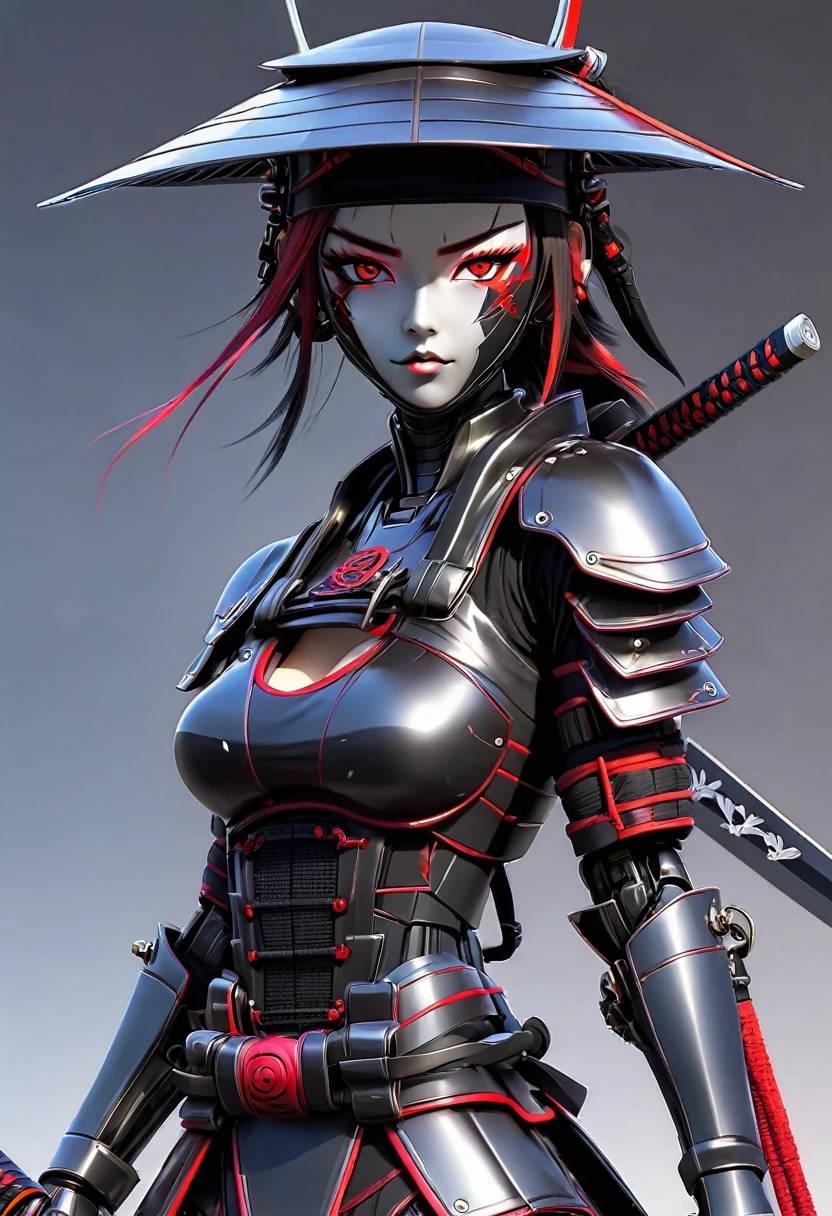 A robot girl in a ninja outfit with a samurai hat with two swords and a red eye