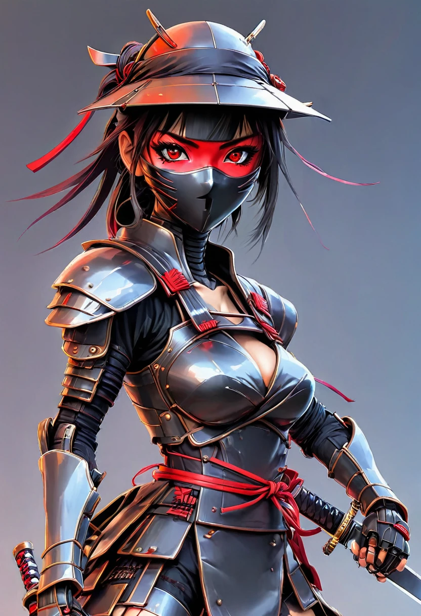 A robot girl in a ninja outfit with a samurai hat with two swords and a red eye
