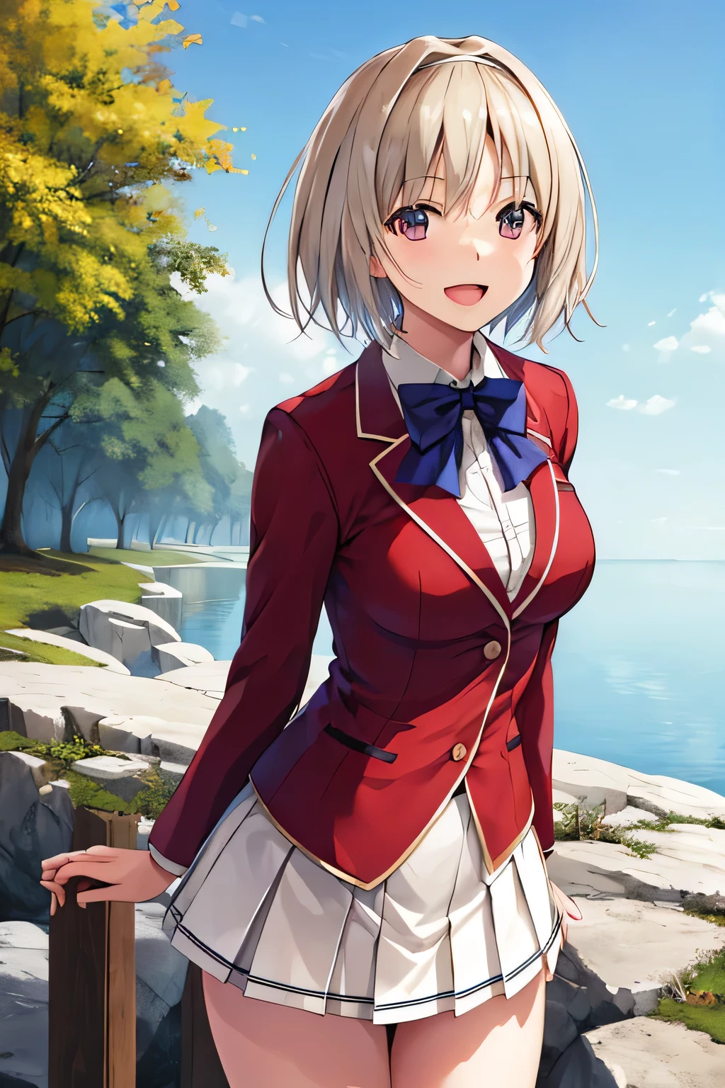 masterpiece, Highest quality, High resolution, Akiyo, short hair, Hair Intake, White hair band, Blue bow tie, Collared shirt, blazer, Red jacket, Long sleeve, White Skirt, Pleated skirt, Black socks, Cowboy Shot, Are standing, Outdoor, Straight, Arms at your sides, smile, Open your mouth,