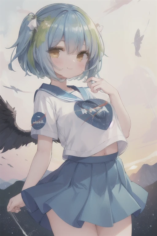 (masterpiece, Best quality:1.2), One, 1 girl, Earth-chan, smile, Looking at the viewer, hands behind your back, , seraphim, Blue skirt 