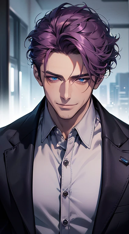 (best quality, masterpiece, 8K, photorealistic, cinematic lighting, 1:4 hdr image, ultra detailed, beautiful image), a mature man, 35 years very handsome, ((cold expression smile in love)), short purple hair, blue eyes, face perfect without mistakes, ((buttoning his jacket, CEO)), smile.