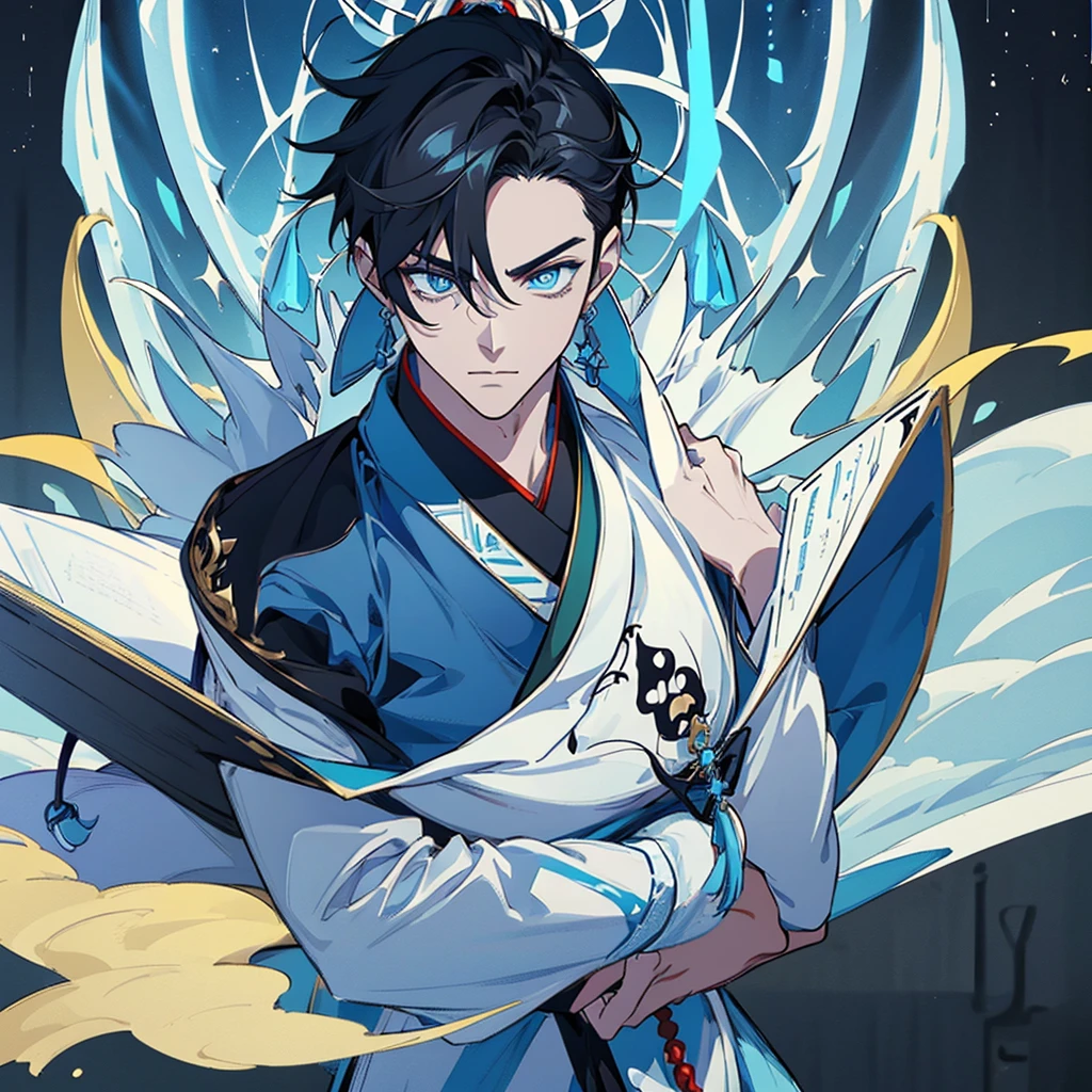 ((Genshin impact style)) ((face portrait))(masterpiece), (high quality), (pretty boy face), 1 boy, 16 years, masculine and tall body, white skin, ((black hair)), ((light blue and cold eyes)), calm and paeceful expression, designs from East Asian, Game character costume design, Japanese clothing style with a dark blue, white and black color palette, his is holding a book ((White background, mathematical, astronomical and blue details)), ((portrait panting)) intricate details, lens flare，ultra high resolution，sharp focus，HD，8k，clear facial features，clear details，beautiful eyes，beautiful face
