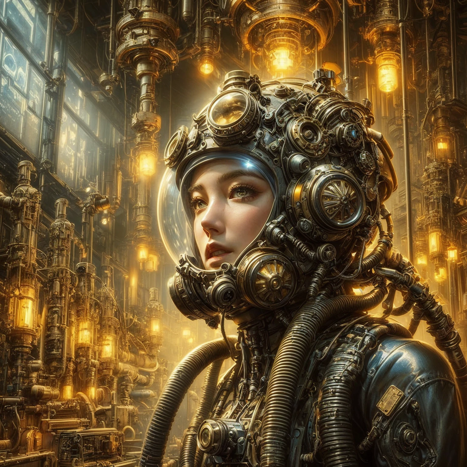 a woman in a space suit with a gas mask and a gas mask on, sci-fi steampunk, digital steampunk art, solarpunkhuman, cyber steampunk, steampunk digital art, High quality steampunk art, golden steampunk, 4k solarpunk wallpaper, bunter Sci-Fi-Steampunk, detailed sci-fi art, cyber steampunk 8 k 3 d, Portrait of a mechanical girl