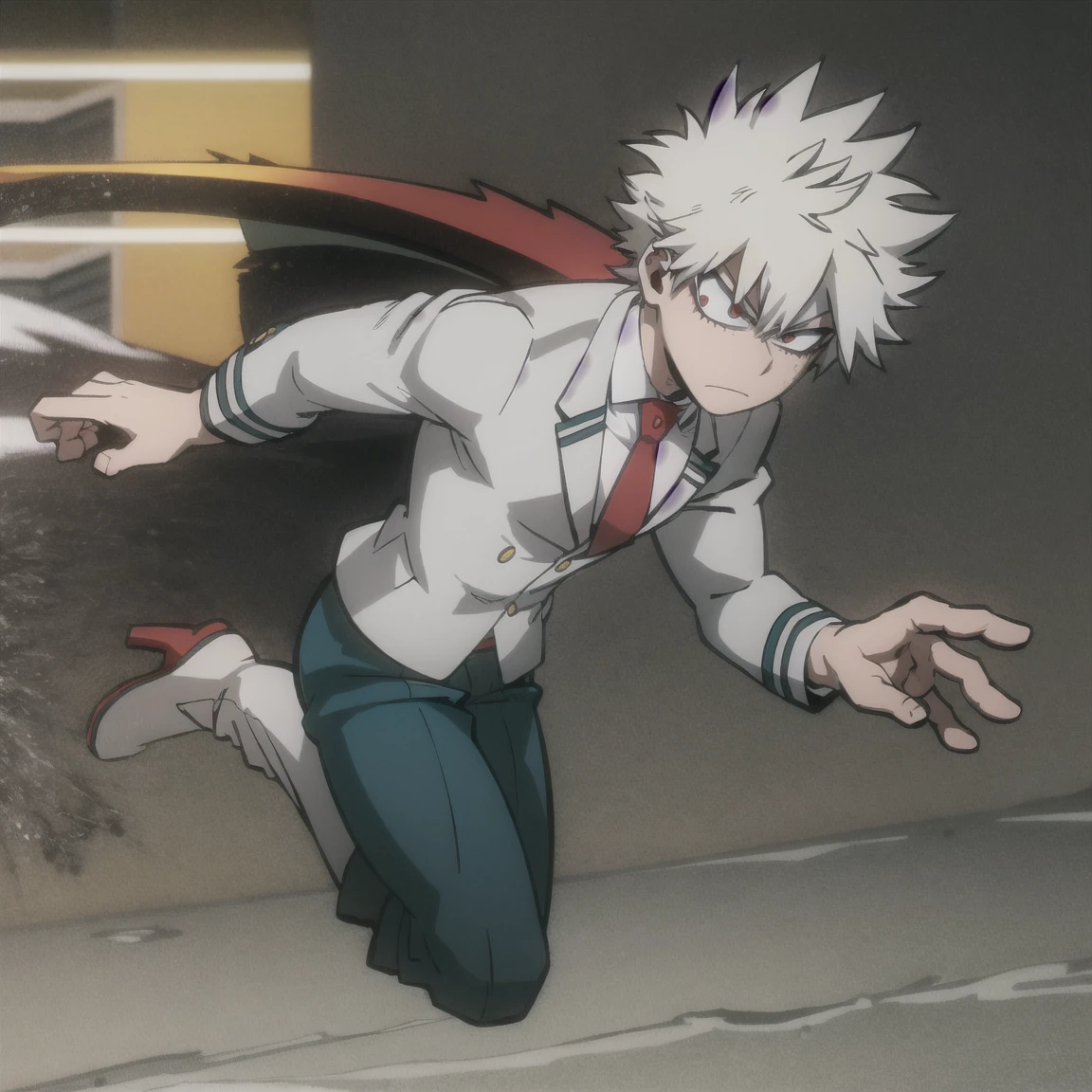 1 boy, muscular body, short spiky hair, white hair, red eyes, frown, gray jacket, red tie, white shirt, teal pants, boots 