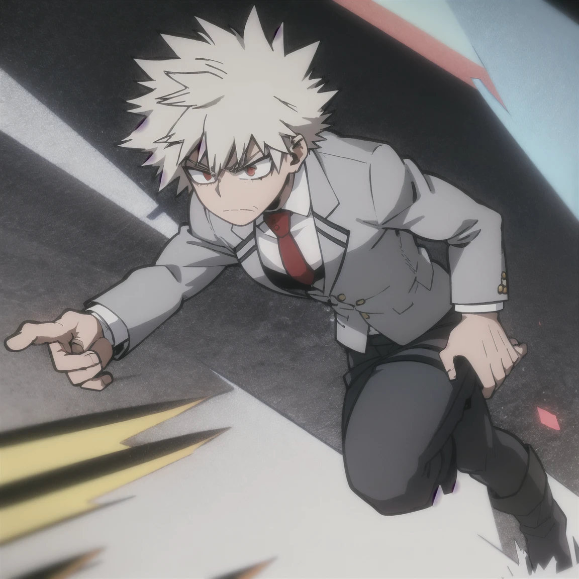1 boy, muscular body, short spiky hair, white hair, red eyes, frown, gray jacket, red tie, white shirt, teal pants, boots 