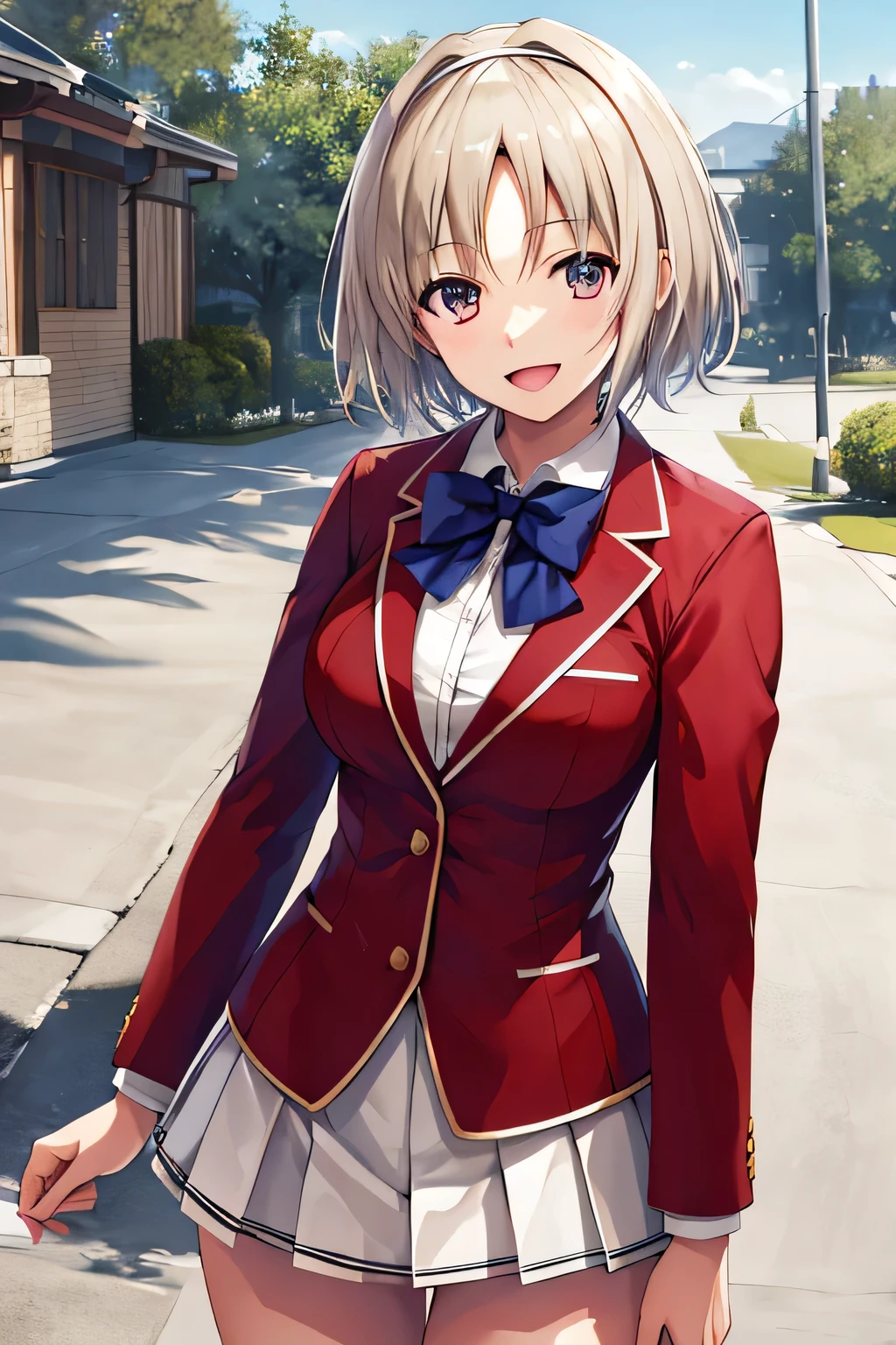 masterpiece, Highest quality, High resolution, Akiyo, short hair, Hair Intake, White hair band, Blue bow tie, Collared shirt, blazer, Red jacket, Long sleeve, White Skirt, Pleated skirt, Black socks, Cowboy Shot, Are standing, Outdoor, Straight, Arms at your sides, smile, Open your mouth,