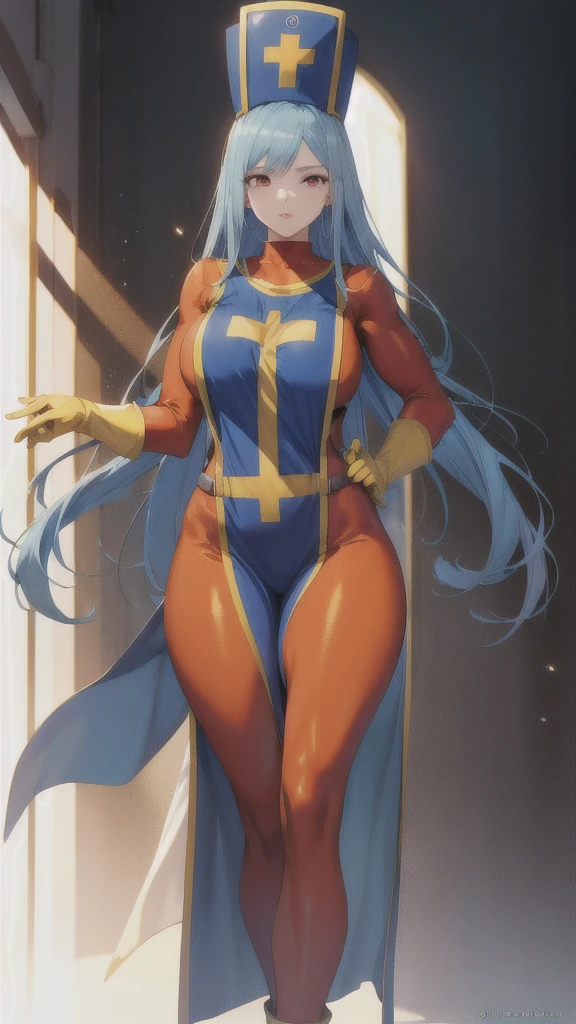 masterpiece,Highest quality, Unreal Engine, Ultra-high resolution, Very detailed,
One girl, Waist, thin, (Muscular:0.8)
Round Breasts, Big breasts, bold face,  Part your lips, Observe your audience,
Are standing, sexy pose
Waist shot,
Simple background anime style, Key Visual,
 Light blue hair, Red eyes, Long hair priest \(dq3\)
Orange bodysuit,Mitra,Tabard Elbow Gloves