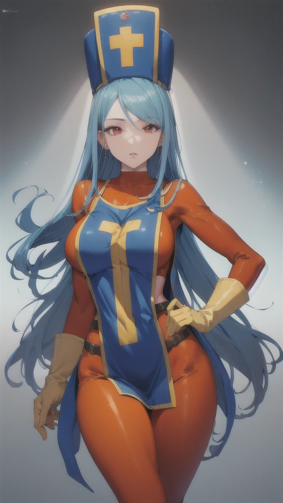 masterpiece,Highest quality, Unreal Engine, Ultra-high resolution, Very detailed,
One girl, Waist, thin, (Muscular:0.8)
Round Breasts, Big breasts, bold face,  Part your lips, Observe your audience,
Are standing, sexy pose
Waist shot,
Simple background anime style, Key Visual,
 Light blue hair, Red eyes, Long hair priest \(dq3\)
Orange bodysuit,Mitra,Tabard Elbow Gloves