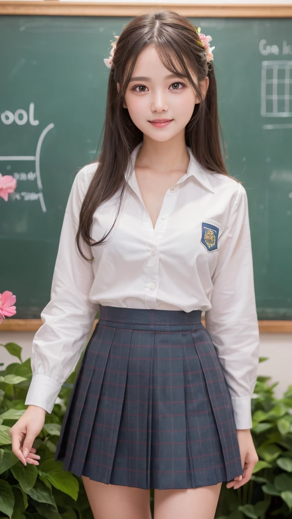 (1girl), (round eyes:1.2), (highly detailed face and eyes), refreshing smile, Amazing face and eyes, (school uniform, skirt:1.3), cleavage, (Best Quality:1.4), (Ultra-detailed), (extremely detailed CG unified 8k wallpaper), Highly detailed, High-definition raw color photos, Professional Photography, Realistic portrait, indoors, (casual room, cute wallpapers:1.3), (A moment of relaxation), model, (studio photo shoots with cute backgrounds), flower decorations, depth of fields, (fine face:1.2), summer,