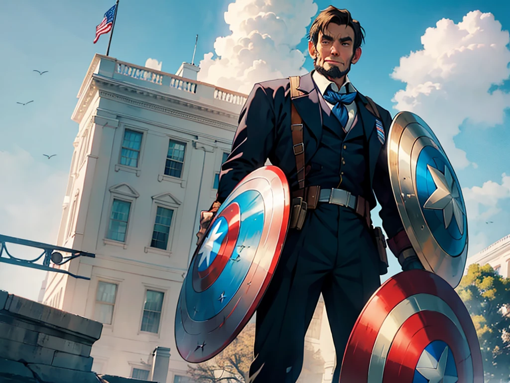 Abraham Lincoln dressed as Captain America, holding a shield with the white house in the background on a sunny day