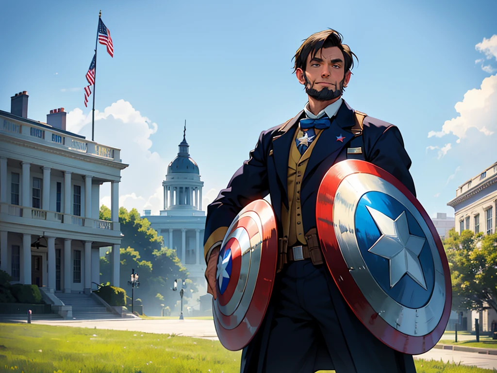 Abraham Lincoln dressed as Captain America, holding a shield with the white house in the background on a sunny day