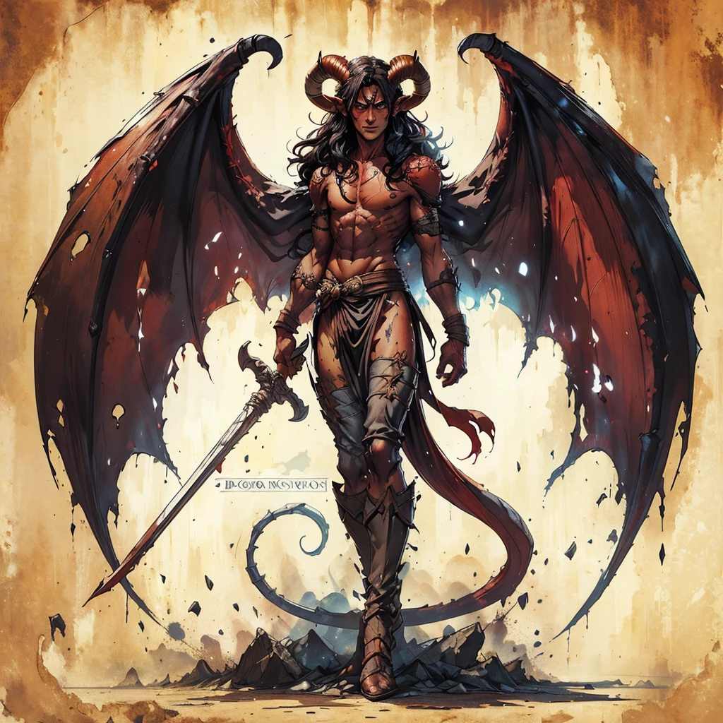 buff male red skinned tiefling savage sitting down trying to read a childrens book, long black hair, black horns, hell background, red skin, dnd, colored