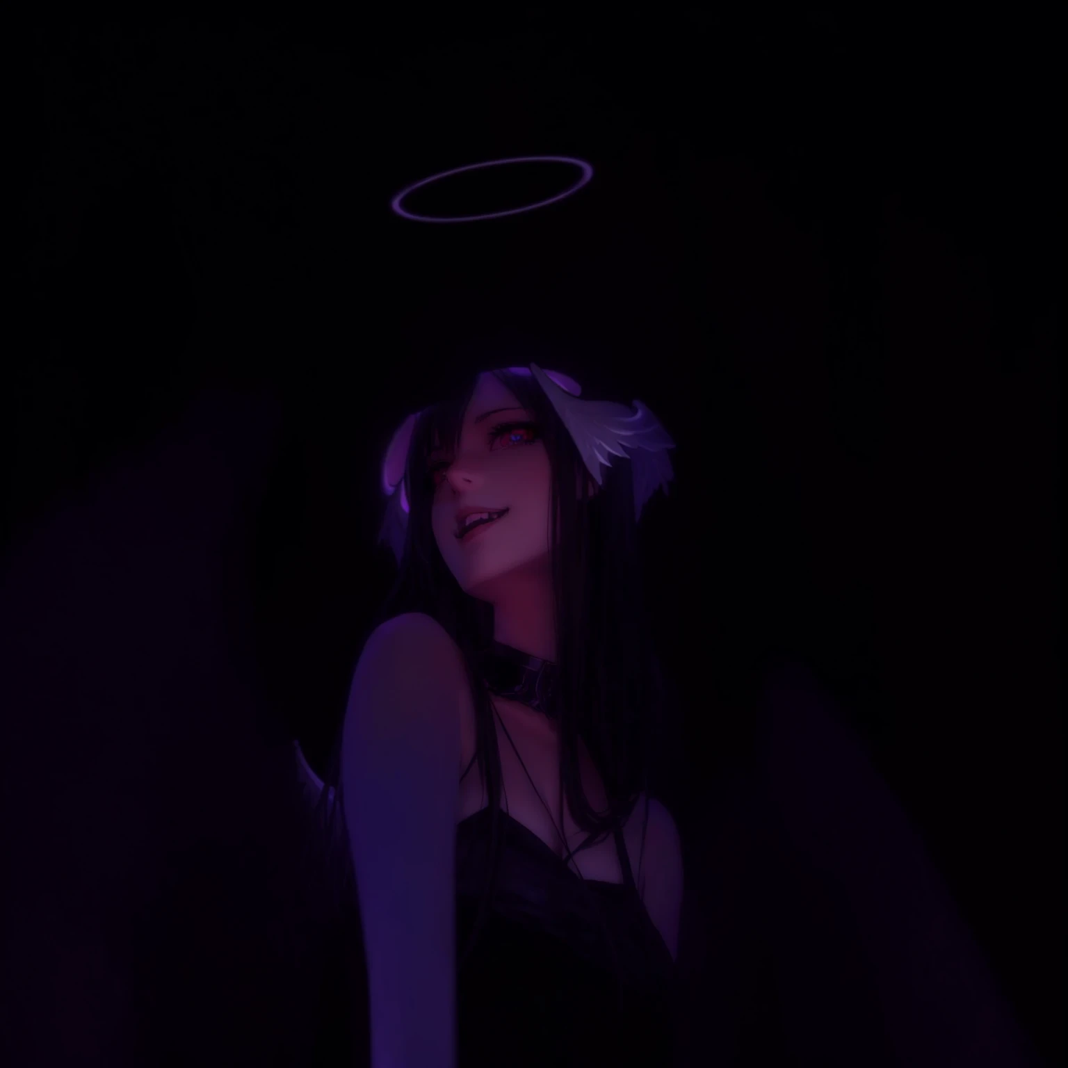 anime girl with angel wings and a halo in the dark, The Angel of Death with a halo, garota demon, [[[[grinning wickedly]]]], garota anime demon, demon, villain has black angel wings, demonic atmosphere, angel in hell, evil smile and glowing eyes, albedo from the anime overlord, together