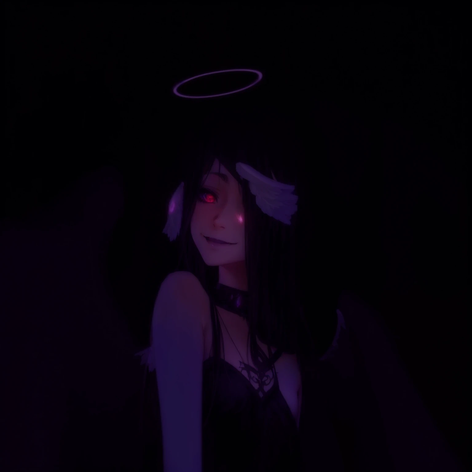 anime girl with angel wings and a halo in the dark, The Angel of Death with a halo, garota demon, [[[[grinning wickedly]]]], garota anime demon, demon, villain has black angel wings, demonic atmosphere, angel in hell, evil smile and glowing eyes, albedo from the anime overlord, together