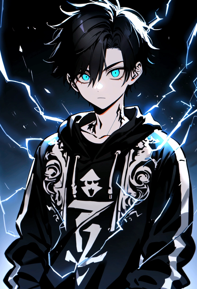Man 17 years old Long black hair black and white sweatshirt with electricity on his body