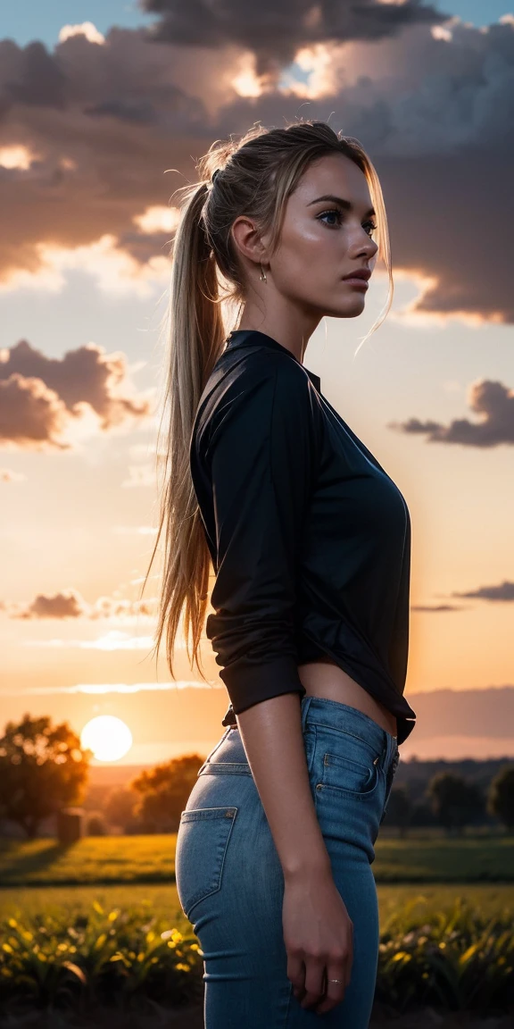 High resolution illustrations, incomparable masterpiece, Ultra-realistic 8k CG, perfect work of art, (fidelity: 1.5), Farm, Rancho, ((evening)), cloudy, ((Lindsay Marie Brewer)), (((Alone))), wet hair, by rubio, single ponytail, Huge , big ass, Natural makeup, ((Casual clothes, Cowboys)), character in the middle, standing.