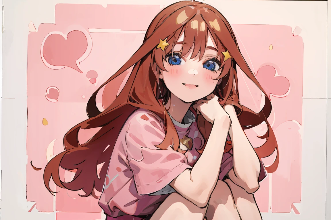 ((best quality)), ((masterpiece)), (detailed), perfect face, 1girl, nakano itsuki, smiling, whimsical, triad color pallette, hugging knees, looking at viewer, pink water droplets, smiling, flat colouring, full body, blank space on the left, fluffy red hair, star hairclips