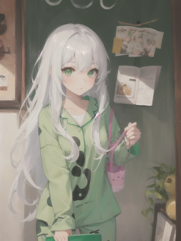 1girl, white long hair, green eyes, green pijamas,