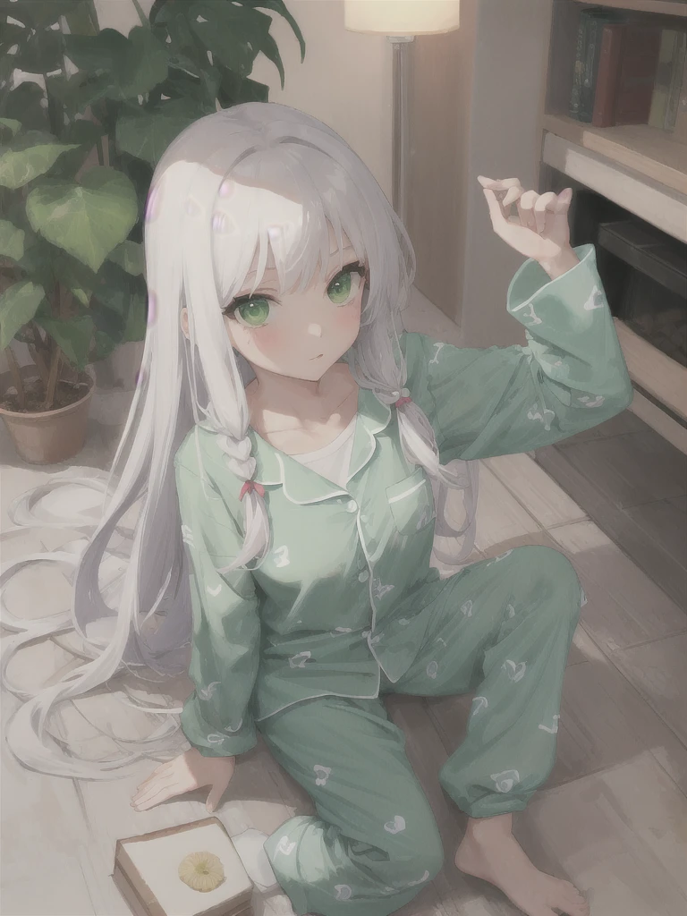 1girl, white long hair, green eyes, green pijamas,