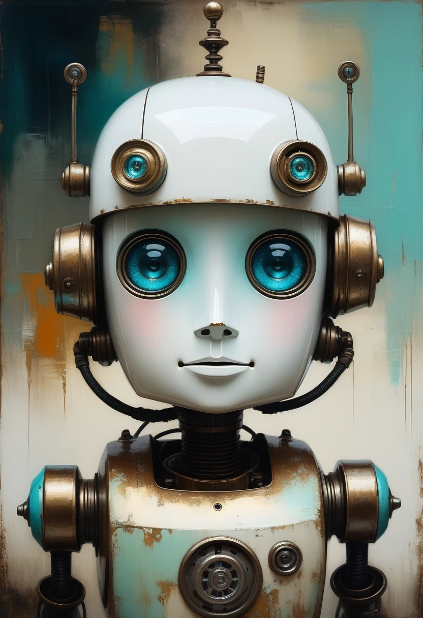 Full length view. (((Little funny robot))), porcelain face and head, big turquoise eyes, perfect eyes, top quality style. Beautiful cinematic impressionistic picture, dark dramatic character, in the style of Jeremy Mann and Charles Dana Gibson, Mark Demsteder, Paul Headley. Spartak Mukanov.
