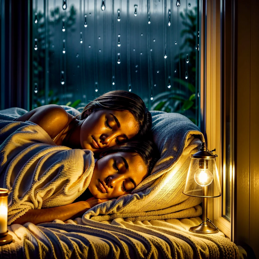 "Create a serene image of a woman peacefully sleeping in her cozy bedroom. She is lying on a comfortable bed with soft, fluffy pillows and a warm blanket. The window beside her bed reveals a gentle rain shower outside, with raindrops tapping against the glass. The room is dimly lit by the soft, ambient glow of a bedside lamp, casting a warm, soothing light. The atmosphere exudes tranquility and comfort, capturing the essence of a peaceful rainy night. The woman's face is calm and relaxed, embodying the serenity of sleep."