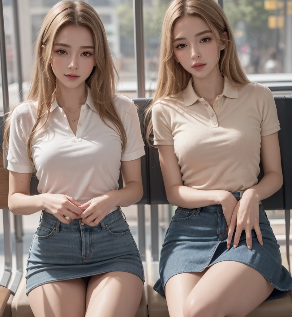 Best quality, masterpiece, detailed, 16k, beautiful and detailed face, beautiful and detailed eyes, 8k, single woman, perfect body, perfect proportions, perfect face, 3/4 body shot, (long straight light blonde hair), ( on bus ddetailed: 1.2), (wears polo shirt and miniskirt), (perfect legs, ,