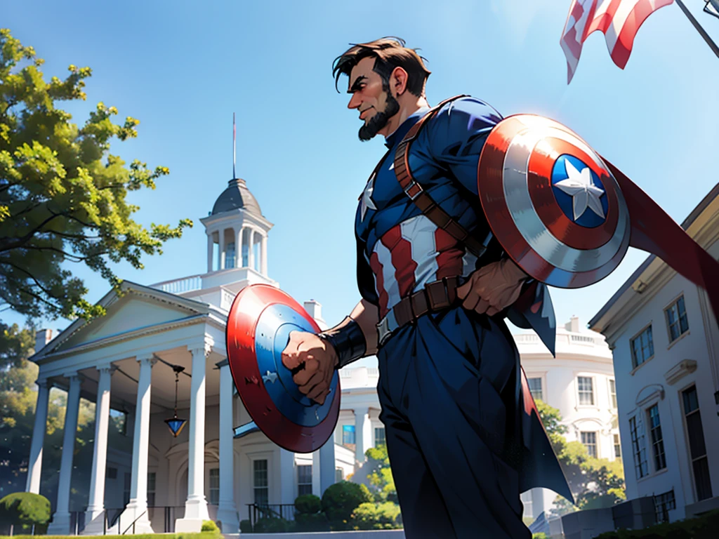 Abraham Lincoln dressed as Captain America, the white house in the background on a sunny day, United States flag in the background, superhero hq style