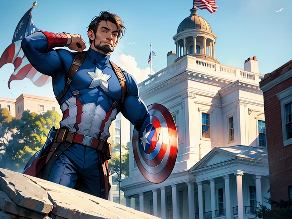 Abraham Lincoln dressed as Captain America, the white house in the background on a sunny day, United States flag in the background, superhero hq style