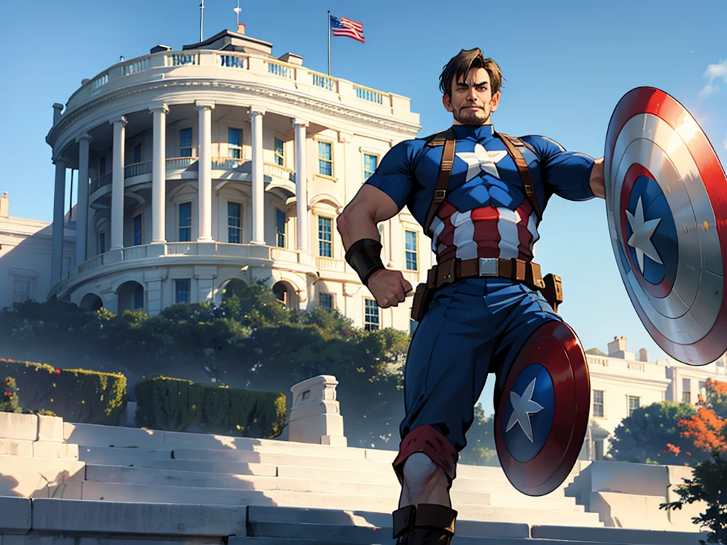 Abraham Lincoln dressed as Captain America, the white house in the background on a sunny day, United States flag in the background, superhero hq style