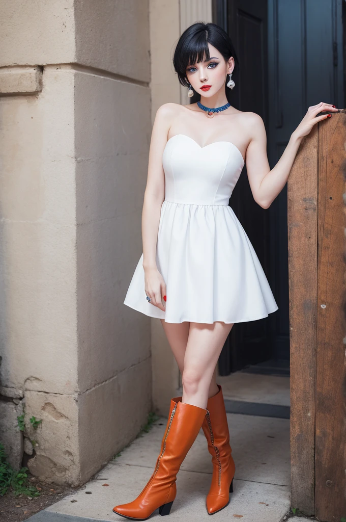 White dress Heart earring Blue eyes Black boots Short red hair Orange lipstick