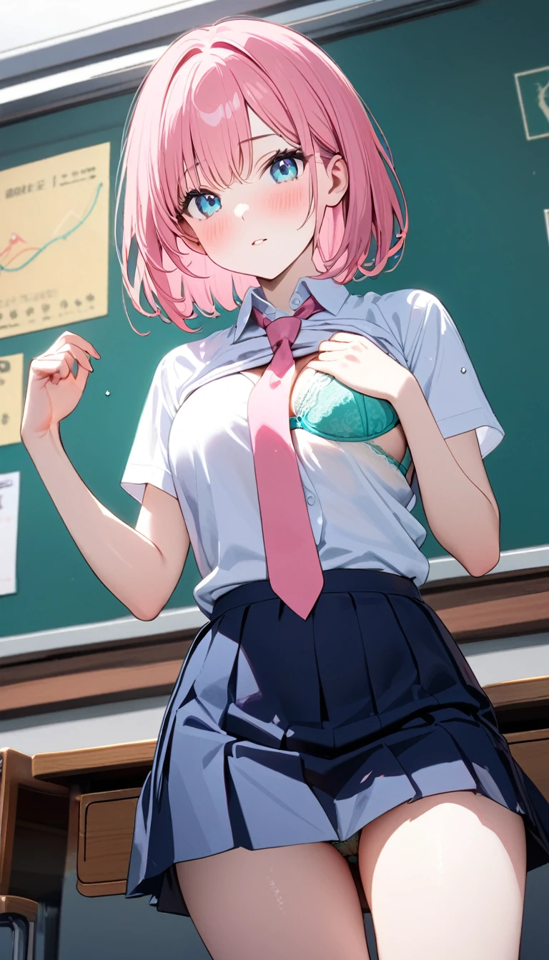(1 girl),(Best Picture Quality, 8K, Masterpiece:1.3), (high school student:1.5), (pink lob hair:1.1), [mintgreen hair:0.1], (bob cut), (slant skyblue eyes), ((school uniform, white short simple sleeve shirt, darkblue skirt, pink tie)), (glistening skin:1.1),(pale skin:1.1), (standard weight), (medium breasts), (mintgreen lace bra),(mintgreen lace panties:1.1), [show off bra:0.1]