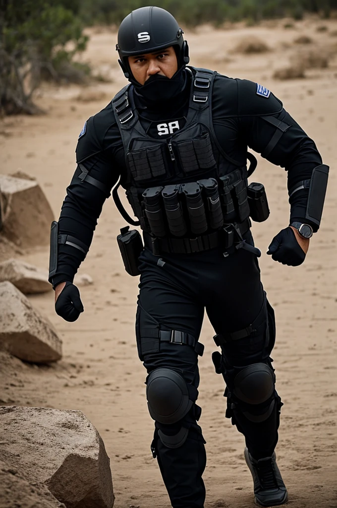 Strong man in special forces suit S.IN.A.T negro.