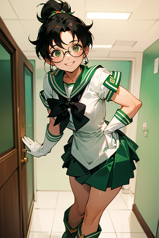 A freckled, glasses-wearing mature woman with black hair tied up in a Sailor Jupiter outfit, wearing white gloves and green boots, and smiling gently as her skirt is lifted up in her room.