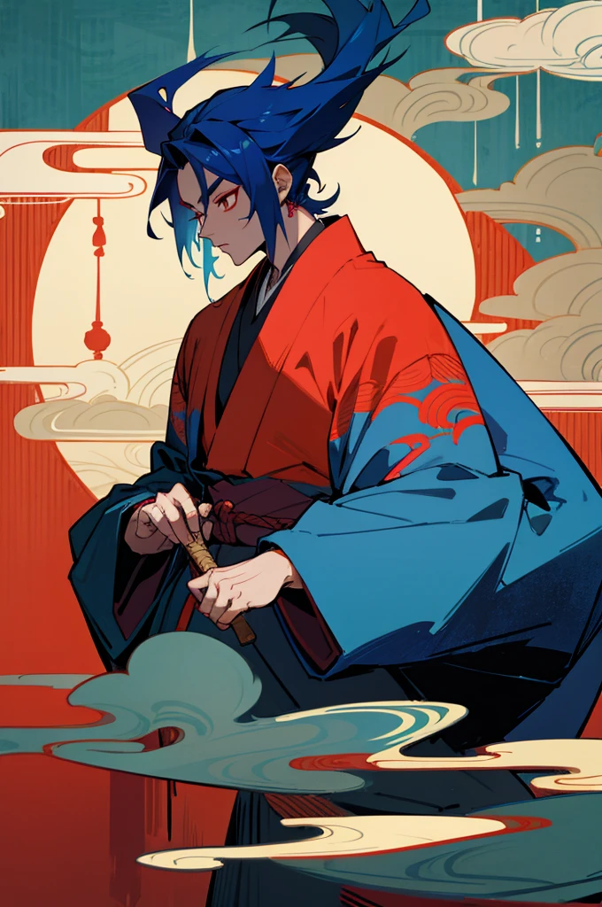 Kimono, male, Edo Period, Japanese Background, Demon, demon skin color, blue hair