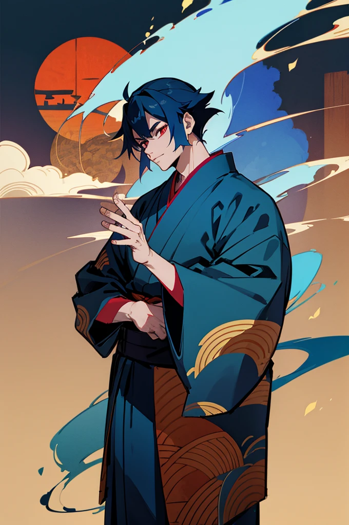 Kimono, male, Edo Period, Japanese Background, Demon, demon skin color, blue hair