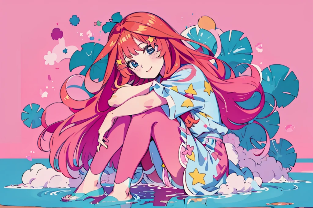 ((best quality)), ((masterpiece)), (detailed), perfect face, 1girl, nakano itsuki, smiling, whimsical, triad color pallette, hugging knees, looking at viewer, pink water droplets, smiling, flat colouring, full body, blank space on the left, fluffy red hair, star hairclips