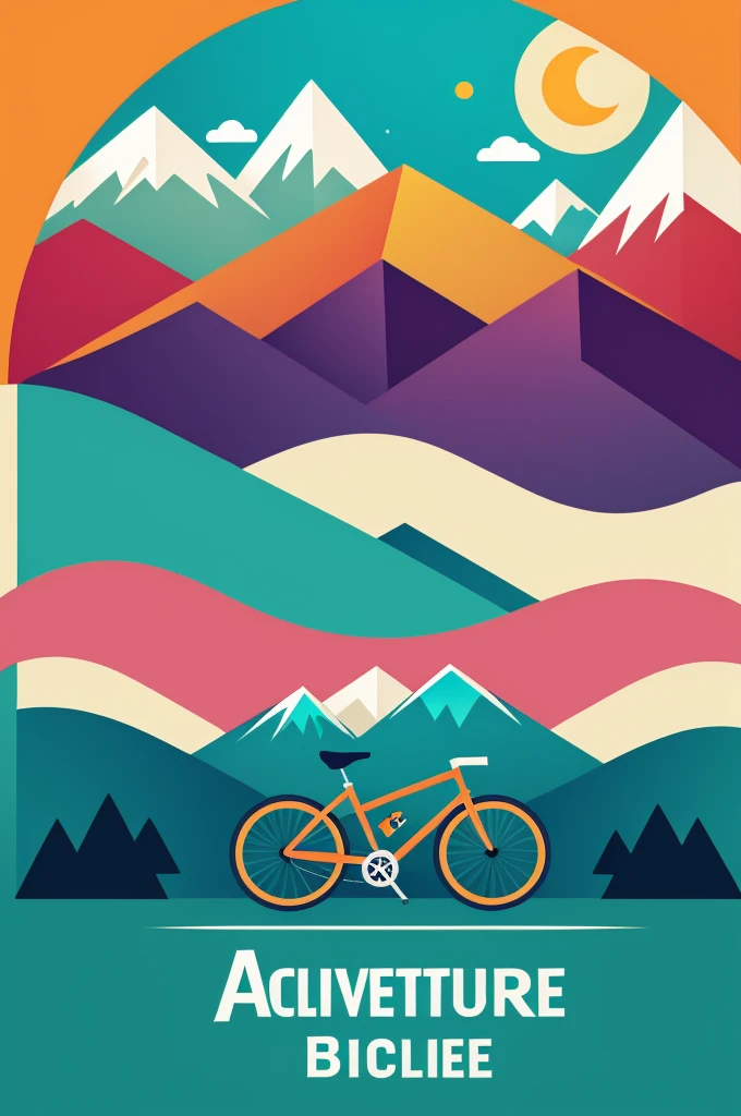 Adventurous bicycle logo with mountains and trees in bright colors 