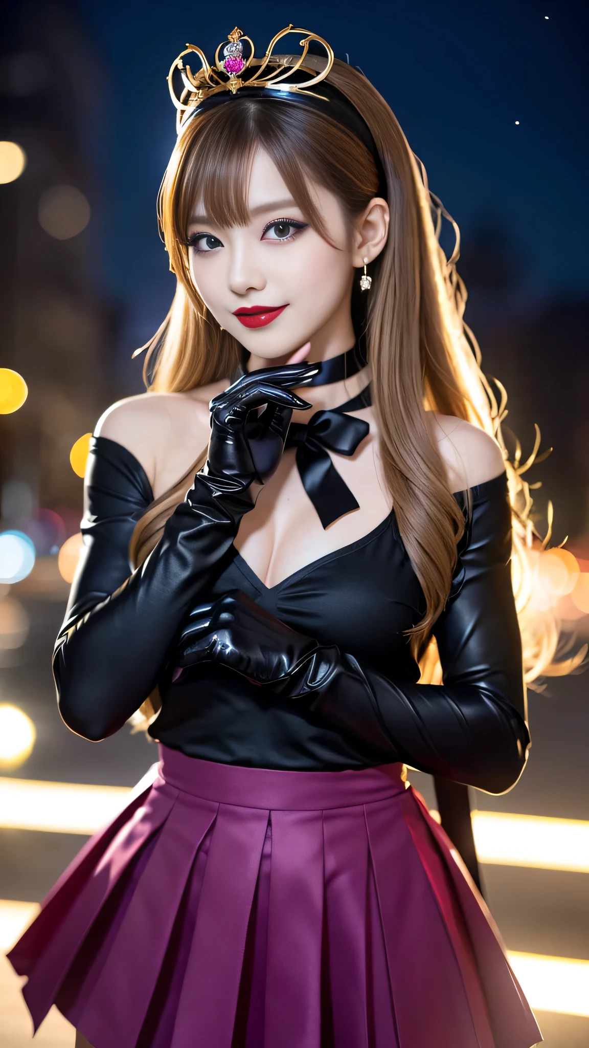 best quality、ultra-detailed、8K、Japanese、Japanese、Seductive beauty、seductive adult woman、Pretty Woman、cool girl、smirk、Wicked Smile、masterpiece、best quality、highres、1girl、solo、slender、looking at viewer、standing、sv1、 sailor senshi uniform, purple skirt, pleated skirt, Miniskirt, purple sailor collar, elbow gloves, black gloves, tiara, hair bow, red bow, choker, purple choker, black leotard, blonde hair, very long hair, jewelry, grin, blush, blonde hair,young, beautiful Japanese actress wearing villainous costume inspired by female demon. costume is glossy bodysuit with pink and black color scheme. Her headpiece and makeup are uniquely themed around lipstick and cosmetic bottles, with headpiece. Her makeup features villainous-style, with bold lipstick and dramatic eyeshadow. She is smiling enticingly, capturing essence of charismatic but dangerous character, action battle pose. at night, outdoor, town、Brown hair、wavy hair、swept bangs、piercing eyes、skin color pantyhose、night、inside darkroom、hand hold pantyhose、Are standing、shoot from below、Offer、shoot from below、Swear allegiance、I have pledged my allegiance、