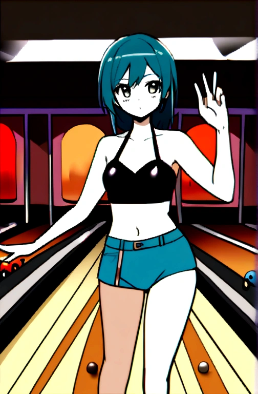 1woman, idol, ボブヘアー, 20years old, bikini, swimsuit, bowling, bowling alley, play bowling