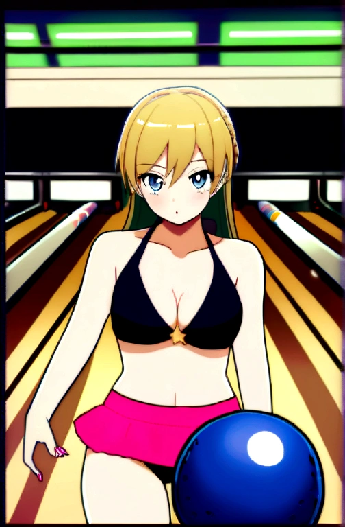 1woman, idol, ボブヘアー, 20years old, bikini, swimsuit, bowling, bowling alley, play bowling