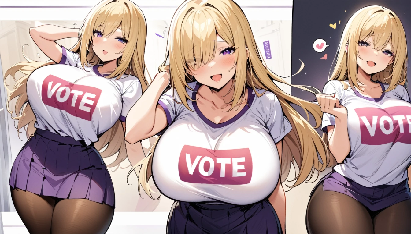 ((Best Quality)), ((Masterpiece)), (detailed), 1 girl, Pastel yellow hair, long hair, hair covers one eye, purple eyes, big breasts, big thighs, I expressed smiling, Open mouth, blushing, white vote t-shirt, purple skirt, brown pantyhose