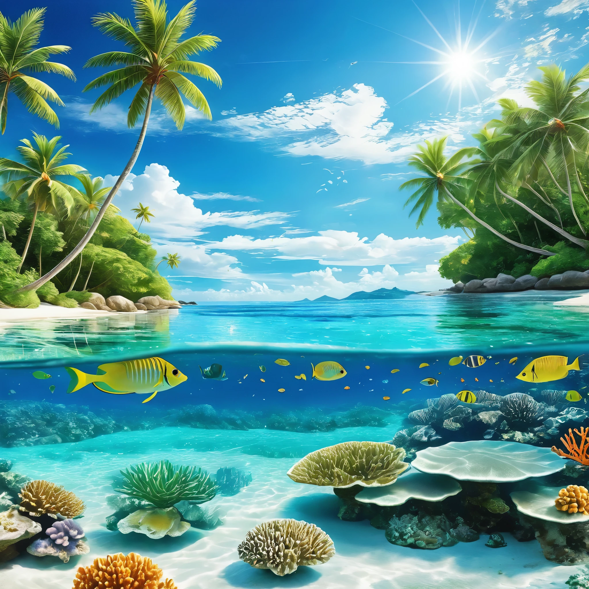 Generate a tropical paradise with crystal-clear waters. Depict a beach with white sand and vibrant coral reefs beneath the surface. The scene should showcase the reflections of the azure sky and lush palm trees on the water's surface.
