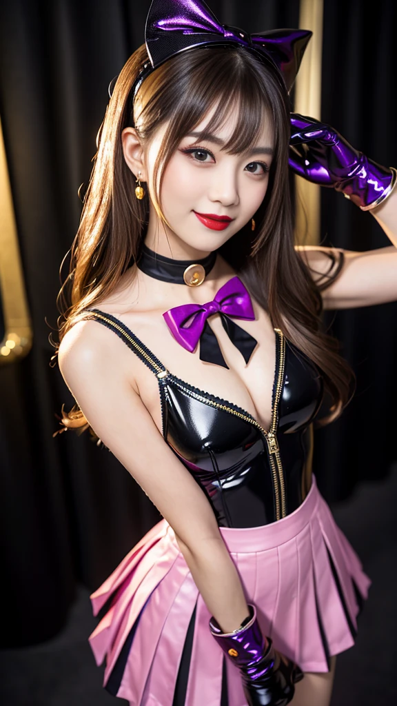 best quality、ultra-detailed、8K、Japanese、Japanese、Seductive beauty、seductive adult woman、Pretty Woman、cool girl、smirk、Wicked Smile、masterpiece、best quality、highres、1girl、独奏、slender、looking at viewer、standing、sv1、1, sailor senshi uniform, purple skirt, pleated skirt, Miniskirt, purple sailor collar, elbow gloves, black gloves, tiara, hair bow, red bow, choker, purple choker, black leotard, blonde hair, very long hair, jewelry,  grin, blush, blonde hair,young, beautiful Japanese actress wearing villainous costume inspired by female demon. costume is glossy bodysuit with pink and black color scheme. Her headpiece and makeup are uniquely themed around lipstick and cosmetic bottles, with headpiece. Her makeup features villainous-style, with bold lipstick and dramatic eyeshadow. She is smiling enticingly, capturing essence of charismatic but dangerous character, action battle pose. at night, outdoor, town、Brown hair、wavy hair、swept bangs、piercing eyes、skin color pantyhose、night、inside darkroom、hand hold pantyhose、Are standing、shoot from below、Offer、shoot from below、Swear allegiance、I have pledged my allegiance、