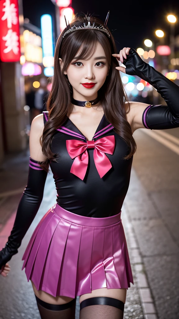 best quality、ultra-detailed、8K、Japanese、Japanese、Seductive beauty、seductive adult woman、Pretty Woman、cool girl、smirk、Wicked Smile、masterpiece、best quality、highres、1girl、独奏、slender、looking at viewer、standing、sv1、1, sailor senshi uniform, purple skirt, pleated skirt, Miniskirt, purple sailor collar, elbow gloves, black gloves, tiara, hair bow, red bow, choker, purple choker, black leotard, blonde hair, very long hair, jewelry, grin, blush, blonde hair,young, beautiful Japanese actress wearing villainous costume inspired by female demon. costume is glossy bodysuit with pink and black color scheme. Her headpiece and makeup are uniquely themed around lipstick and cosmetic bottles, with headpiece. Her makeup features villainous-style, with bold lipstick and dramatic eyeshadow. She is smiling enticingly, capturing essence of charismatic but dangerous character, action battle pose. at night, outdoor, town、Brown hair、wavy hair、swept bangs、piercing eyes、skin color pantyhose、night、inside darkroom、hand hold pantyhose、Are standing、shoot from below、Offer、shoot from below、Swear allegiance、I have pledged my allegiance、